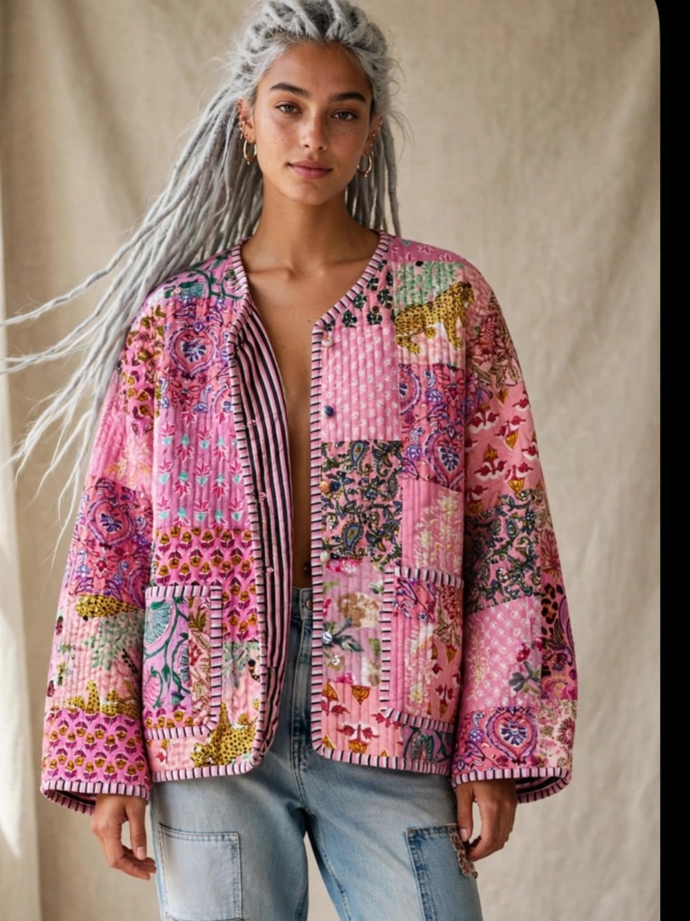 Hand block printed quilted reversible all cotton jacket